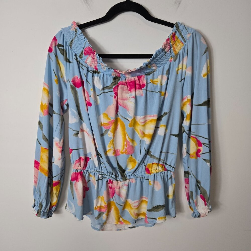 White House Black Market Light Blue Floral Off-Shoulder Blouse NWT - Picture 4 of 14